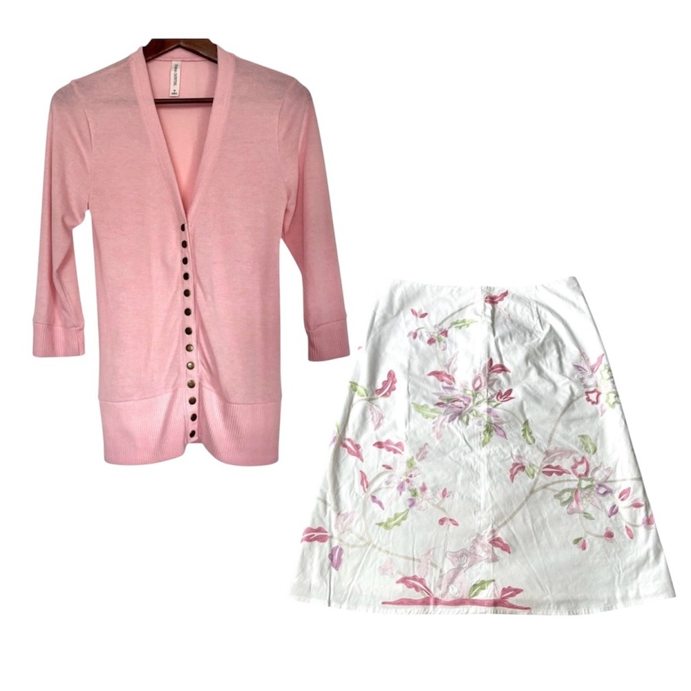🩷Ricki’s White & Pink Floral Skirt Size 4 Knee Length and Pink Cardigan Set